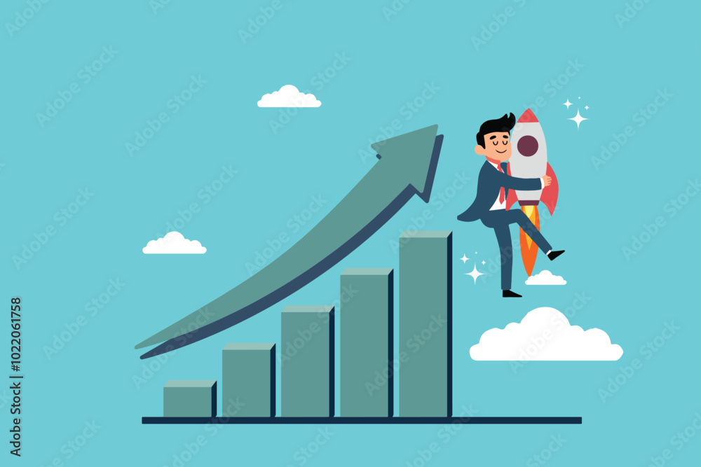 businessman hugging fast flying rocket next to rising graph businessman hugging fast flying rocket next to rising graph
