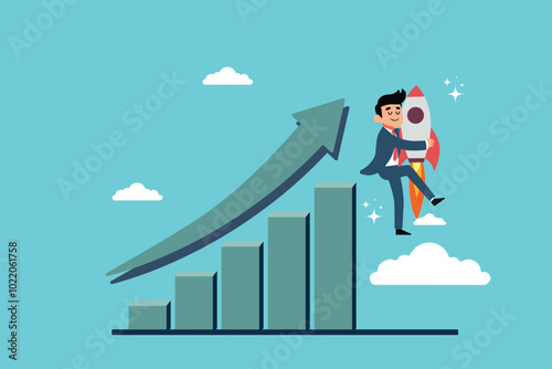 businessman hugging fast flying rocket next to rising graph