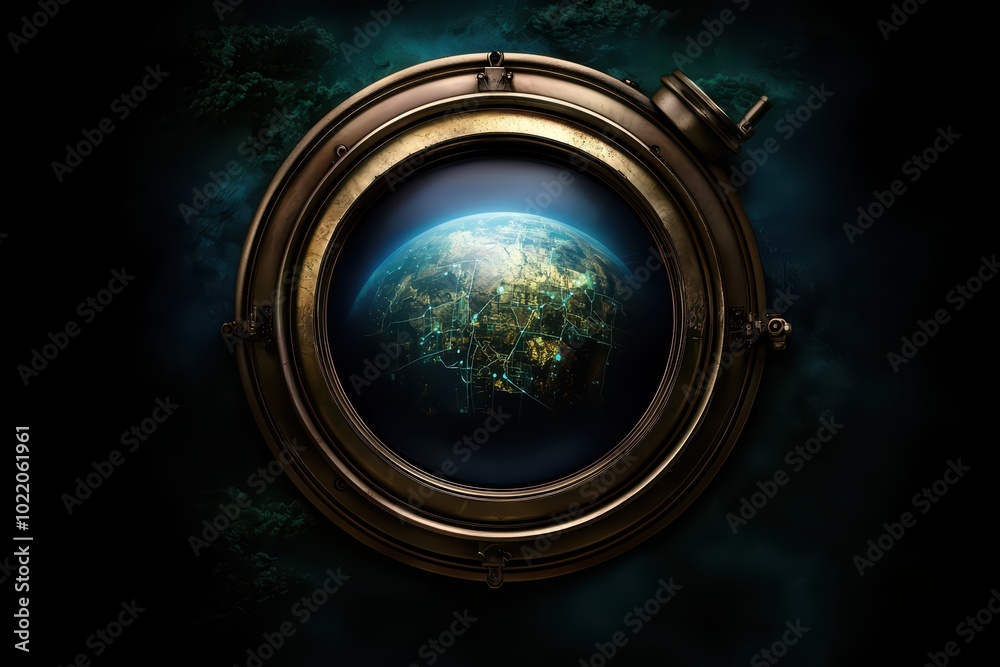 Fototapeta premium An artistic view of Earth through a porthole, merging the beauty of space and science in vibrant colors and intricate details.
