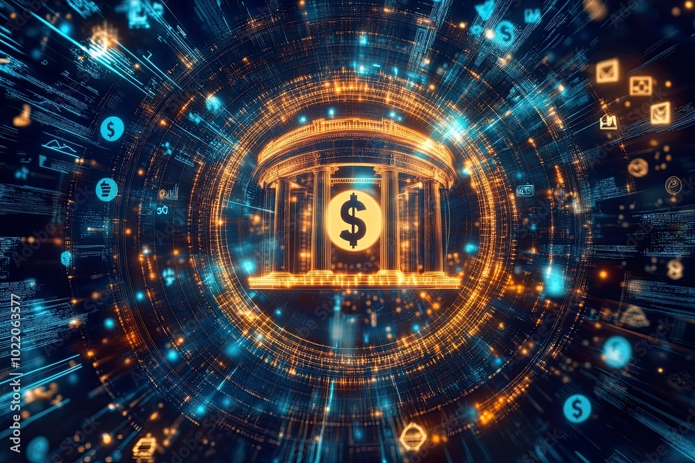 Fototapeta premium Digital banking concept with financial symbols.