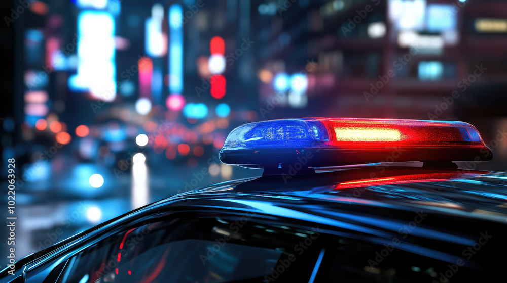red and blue signal lights on the roof of a police car on a blurred background of a night city street, patrol, incident, safety, crime, crime, emergency services, traffic accident, traffic police