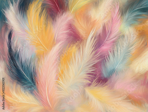 A pastel drawing of soft, fluffy feathers, blending colors to capture their delicate texture --ar 4:3 --style raw --v 6.1 Job ID: 03105ec5-bc13-4297-9137-687dcbd5f3e7 photo