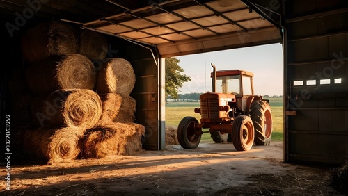 Rural Garage on Farm with Hay Bales and Tractor