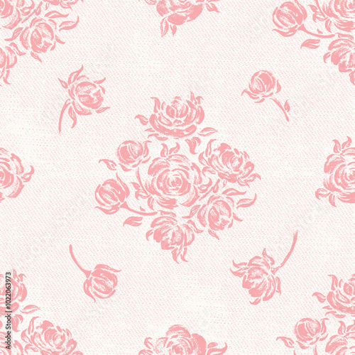 Pink Roses. Flower Seamless Vector Pattern. Rose Flowers and Leaves. Vintage Monochrome Floral Background.