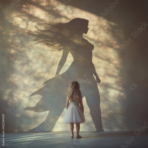 Little girl imagining herself as a superhero with shadow on the wall