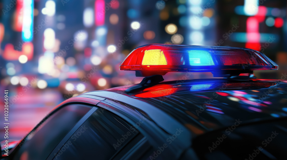 red and blue signal lights on the roof of a police car on a blurred background of a night city street, patrol, incident, safety, crime, crime, emergency services, traffic accident, traffic police red and blue signal lights on the roof of a police car on a blurred background of a night city street, patrol, incident, safety, crime, crime, emergency services, traffic accident, traffic police