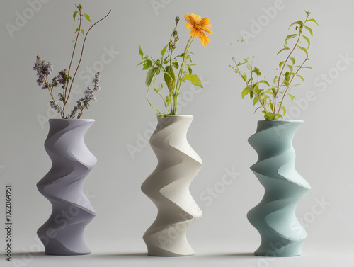 A series of vases that stack and unstack themselves, as if playing a game of Jenga  photo