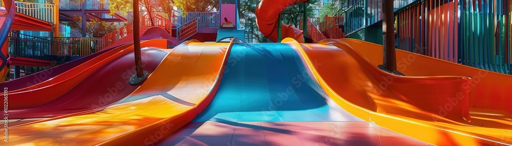 Naklejka premium Urban Adventure Park, vibrant colors, dynamic action, outdoor setting, photography