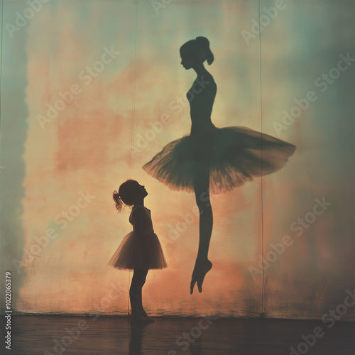 Little girl dreaming of becoming a ballerina with shadow of a dancer