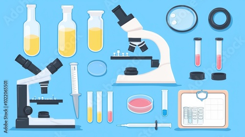 Illustration of laboratory equipment including microscopes, test tubes, and petri dishes on a blue background.