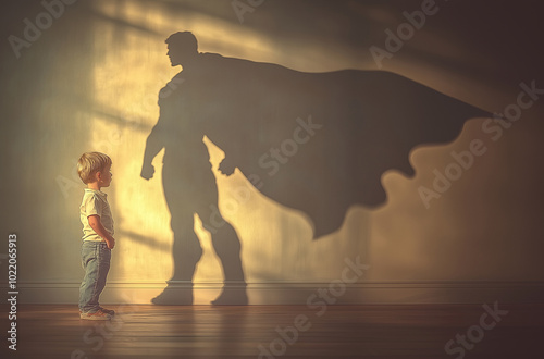 Little boy imagining himself as a firefighter with a shadow of a hero