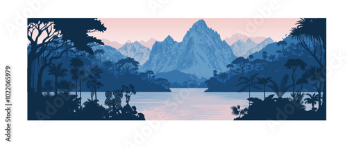 Vector tropical rainforest Jungle lake with mountains