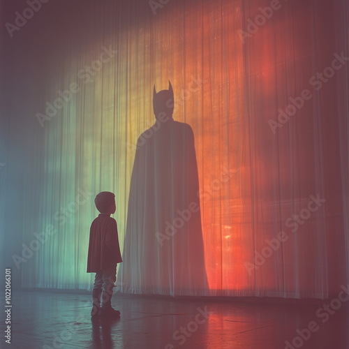 Little boy imagining himself as a superhero with a cape shadow