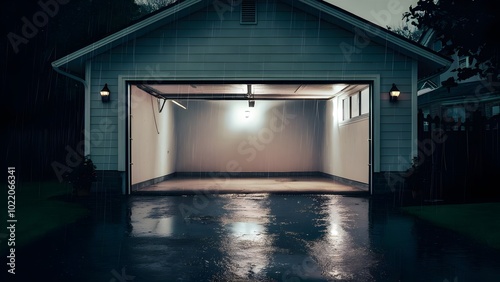 Suburban Garage on Rainy Evening with Open Door