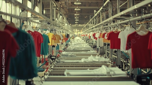 A spacious textile factory filled with rows of hanging colorful shirts, showcasing a bustling garment production environment. photo