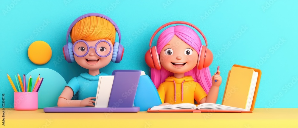 Two cheerful children studying with laptops and stationery on a colorful desk. Two cheerful children studying with laptops and stationery on a colorful desk.