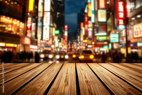 Wooden table surface with a colorful cityscape backdrop at night, illuminated by vibrant neon lights.