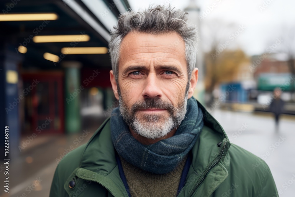 Portrait of a handsome middle-aged man with gray hair and beard in the city. Portrait of a handsome middle-aged man with gray hair and beard in the city.