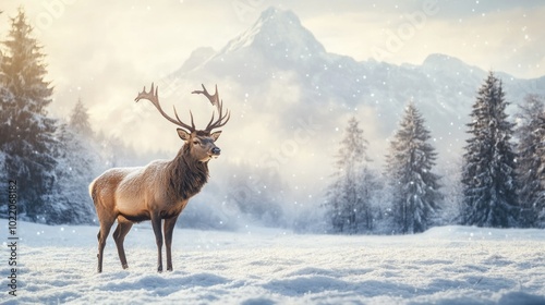 Majestic deer in snowy winter wonderland with pine forest and mountains at sunrise, celebrating merry christmas and happy new year, ai