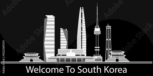 South Korea outline skyline, korean flat thin line icons, landmarks, illustrations. South Korea cityscape, korean travel city vector banner. Urban silhouette