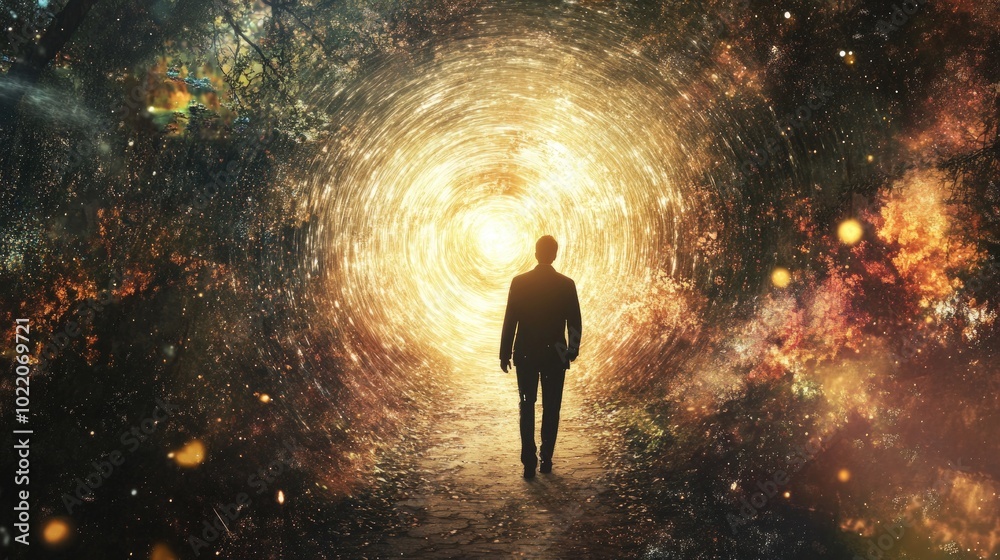 Fototapeta premium A man walks towards a bright light in the middle of a swirling galaxy.