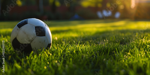 Bola de futebol em um campo gramado photo