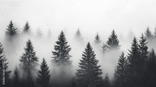 A black-and-white photo of a misty forest, with tall trees and soft light filtering through the fog.