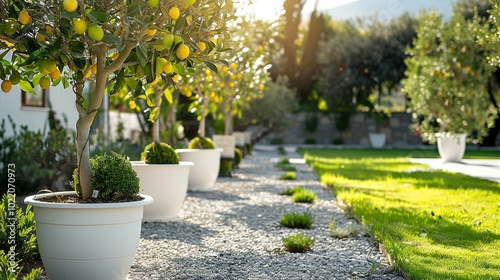 Lemon Trees in White Pots Lined Up on a Gravel Path photo