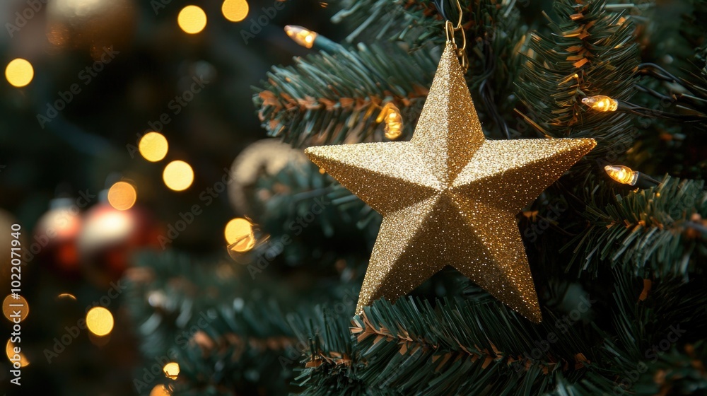 Golden star ornament on christmas tree with festive lights and bokeh, celebrating merry christmas and happy new year, ai Golden star ornament on christmas tree with festive lights and bokeh, celebrating merry christmas and happy new year, ai