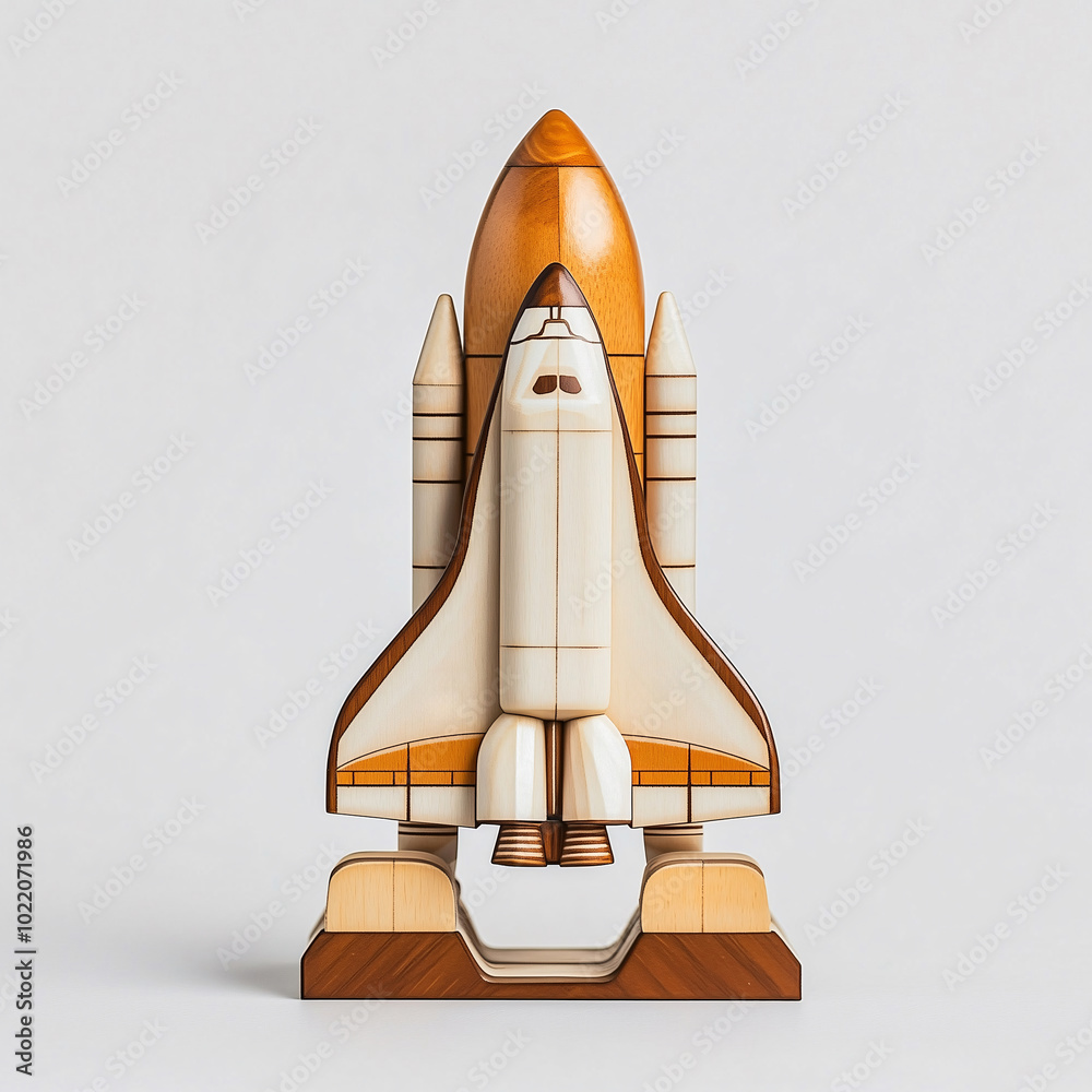 Obraz premium Wooden spaceship toy handcrafted and isolated on white