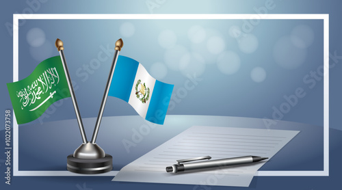 Saudi Arabia and Guatemala Small national flag on bokeh background, cooperative relationship