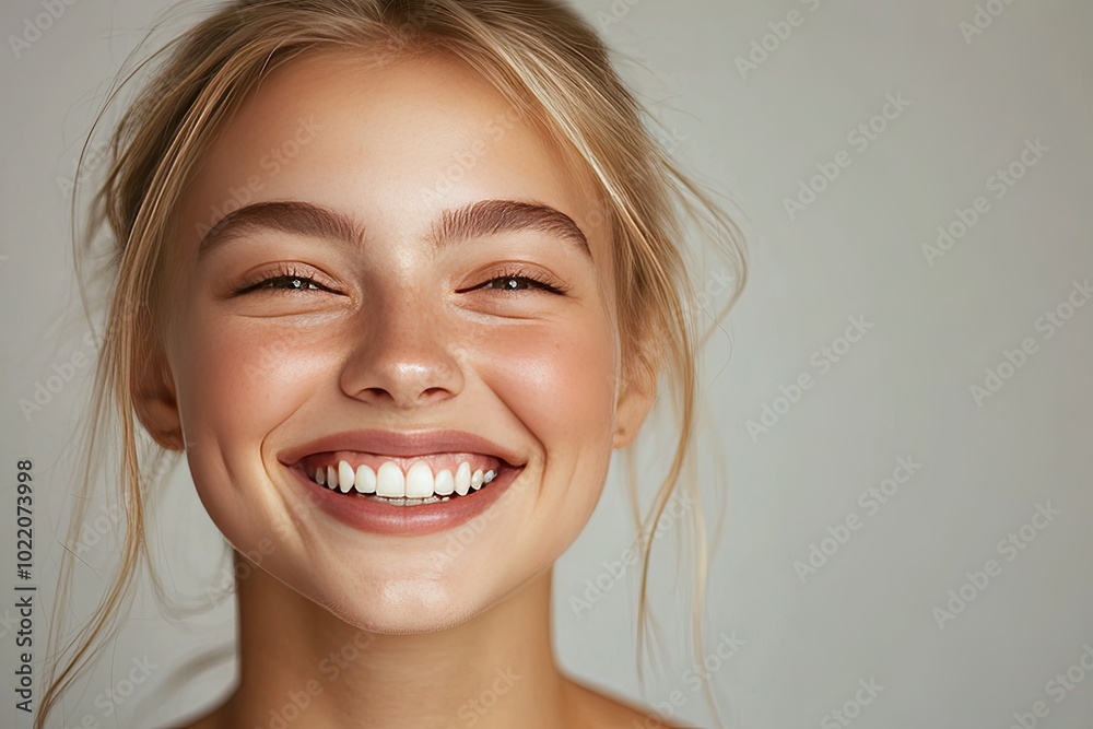 Woman with a bright, genuine smile. Perfect for advertising dental care, beauty products, or happiness. Woman with a bright, genuine smile. Perfect for advertising dental care, beauty products, or happiness.