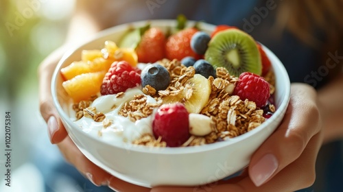 A bowl of yogurt with granola, fruits, and berries. This photo can be used for illustrating healthy breakfast, dieting, or food-related articles.