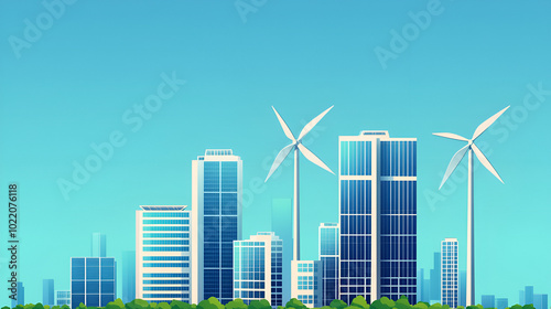 A futuristic cityscape with buildings powered by wind turbines and solar panels. Clear blue sky and greenery integrated into urban design. concept eco friendly