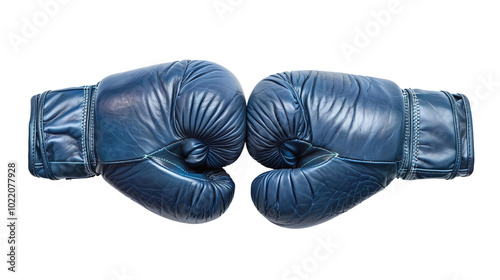 A pair of blue boxing gloves facing each other on a white background. Generative ai