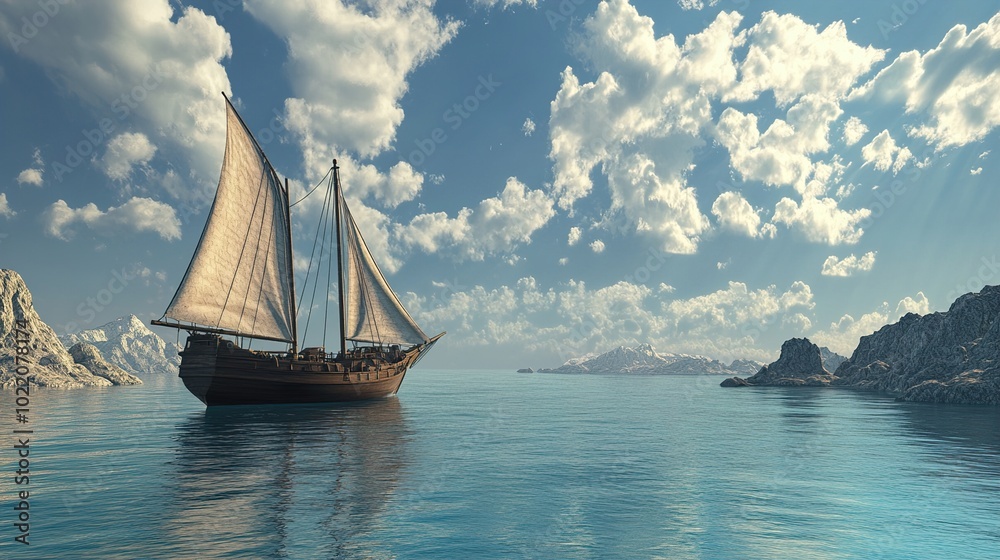 Naklejka premium Sailing Ship on a Calm Ocean with Mountains in the Distance