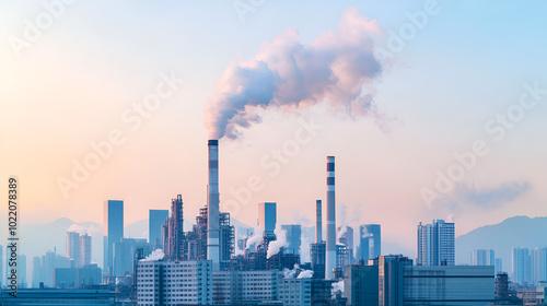 A cityscape with a lot of factories and smoke in the air. Scene is somewhat bleak and industrial concept eco friendly