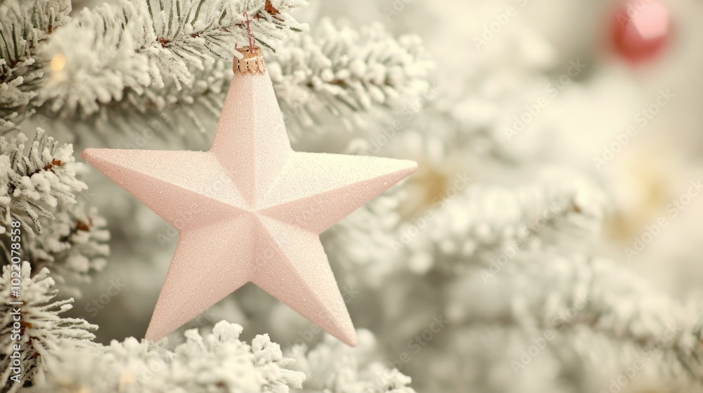 Sparkling white star ornament on snowy christmas tree branch capturing festive holiday spirit with merry christmas and happy new year concept ai Sparkling white star ornament on snowy christmas tree branch capturing festive holiday spirit with merry christmas and happy new year concept ai