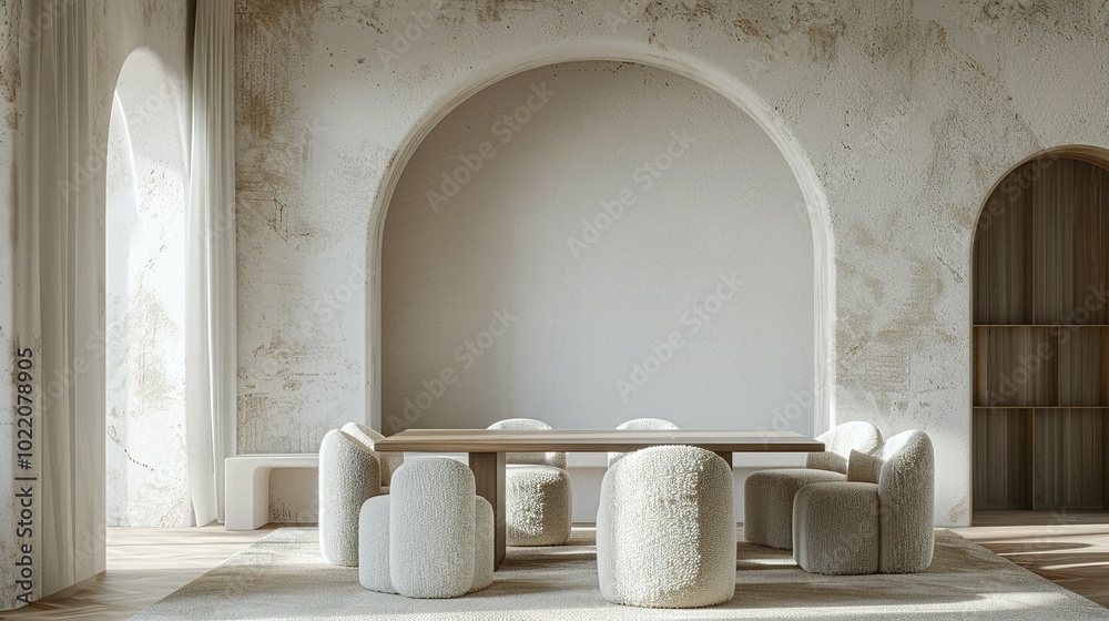 Fototapeta premium Minimalist Interior Design with Arched Walls and Plush Seating