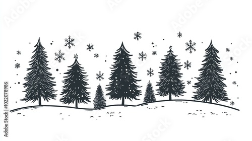 Winter Wonderland Silhouette of Evergreen Trees and Falling Snowflakes for Seasonal Illustrations