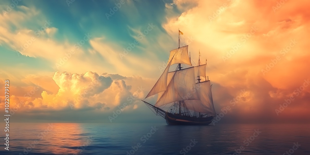 Fototapeta premium Vintage Sailboat on the Ocean at Sunset