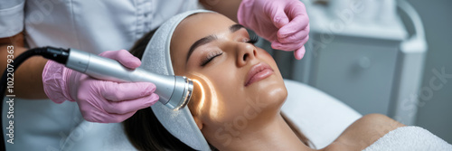 A woman is getting a facial treatment. A woman is holding a device to her face. A woman is wearing gloves