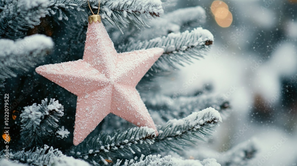 Pink star ornament on snow-covered evergreen tree branch with soft bokeh lights for merry christmas and happy new year ai Pink star ornament on snow-covered evergreen tree branch with soft bokeh lights for merry christmas and happy new year ai