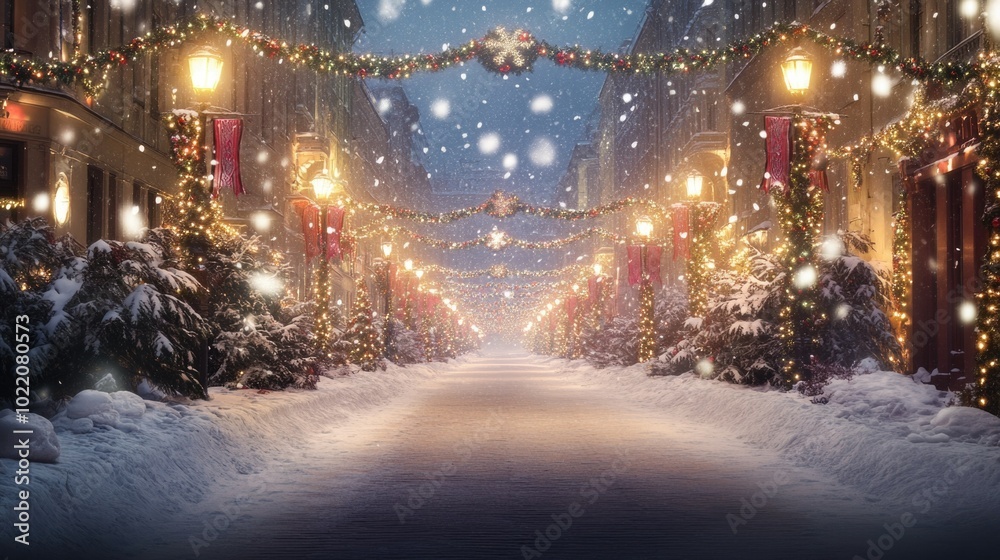Snowy festive street with lampposts and garland decorations under falling snow at night, celebrating merry christmas and happy new year. ai Snowy festive street with lampposts and garland decorations under falling snow at night, celebrating merry christmas and happy new year. ai