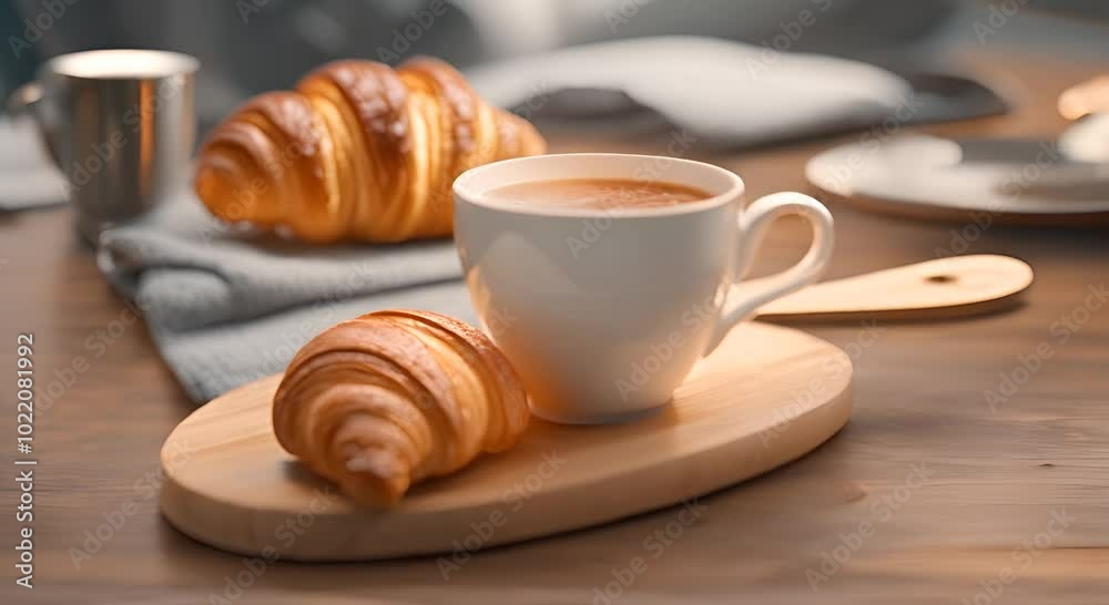 A cup of coffee with a croissant on a wooden board 4k animation A cup of coffee with a croissant on a wooden board 4k animation