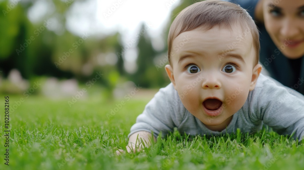 Baby Crawling on Grass with Parent in Background, AI Baby Crawling on Grass with Parent in Background, AI