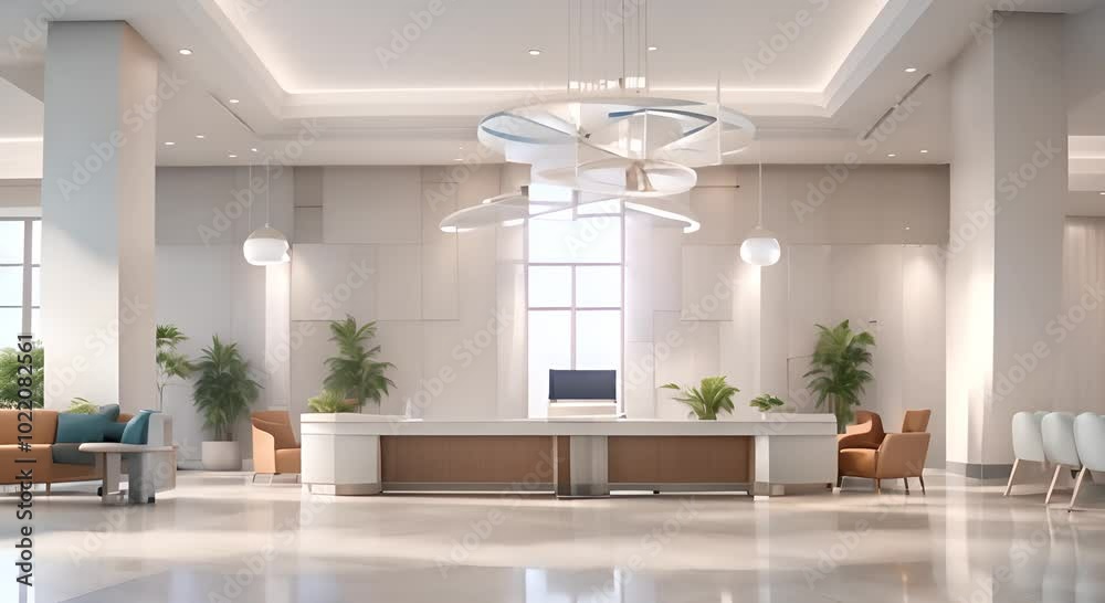 Bright and spacious hospital lobby with modern seating and a sleek reception desk Welcoming healthcare environment designed for patient comfort and efficient service 4k animation