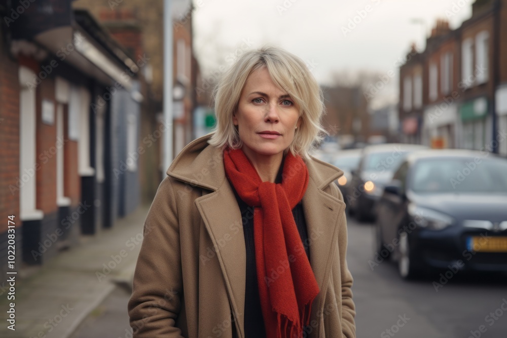 Portrait of a middle-aged woman in a coat and red scarf on the street Portrait of a middle-aged woman in a coat and red scarf on the street