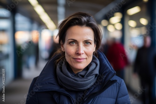 Portrait of mature woman in winter coat at the shopping center.