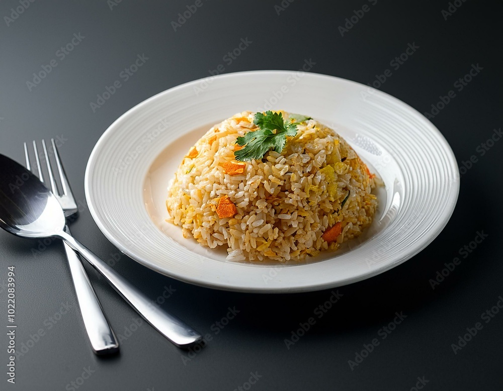delicious fried rice on white plate with fork and spoon delicious fried rice on white plate with fork and spoon